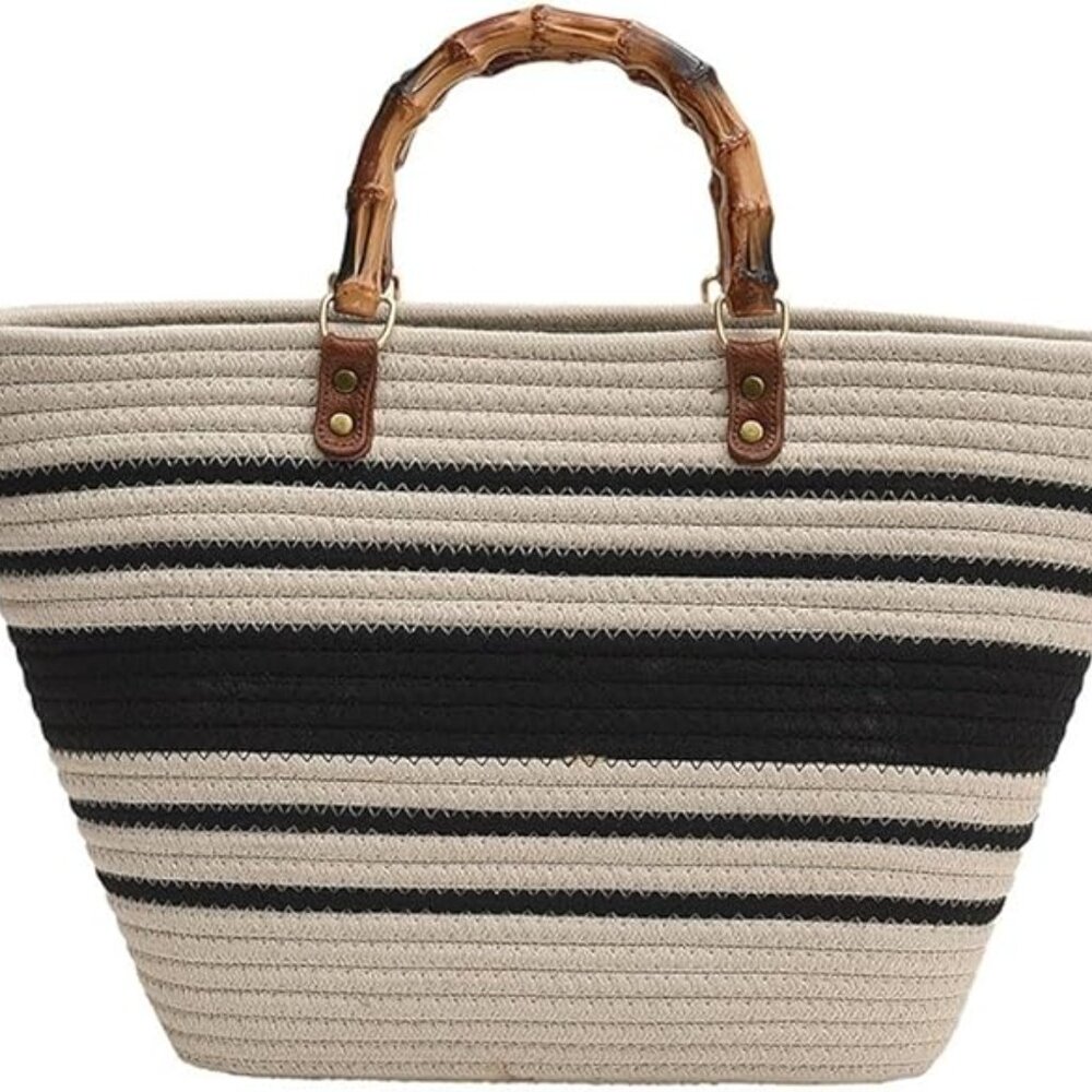 Neiman Marcus Beige & Black Resin Bamboo Handle Cotton Thread Tote Bag - Picture 6 of 6
